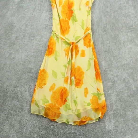 Vintage Mica Dress Women 4 Silk Floral Belted Chiffon Bias Cut 90s Midi Yellow - Picture 4 of 12